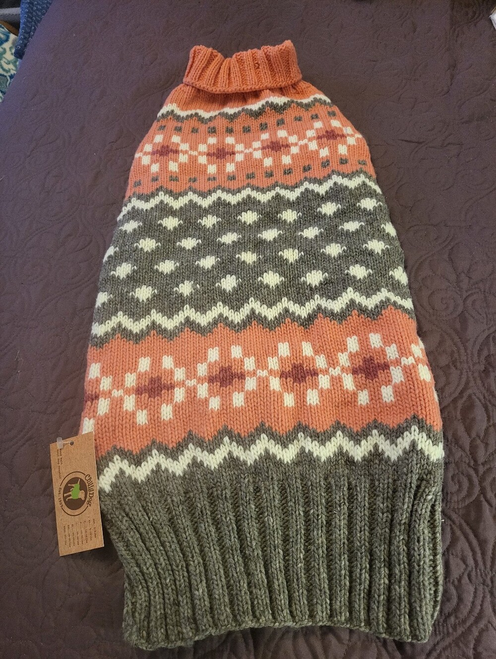 NWT Chilly Dog Sweater, 2XX-Large - Handmade Fair Trade Fair Isle Peach & Gray